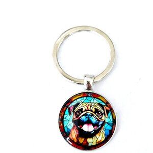 Pug Keychain Stained Glass Style Art Dog Charm Gift for Pet Lover Accessory